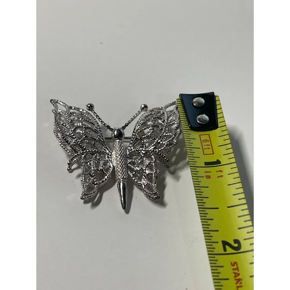 MONET Butterfly Brooch Filigree Vintage 1980s Silver Tone Metal Pin